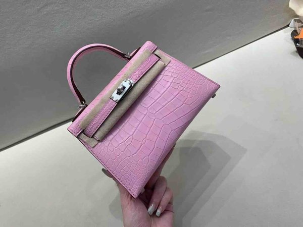 Hermès Mini Kelly II Matte Alligator Rose Sakura x Palladium Hardware