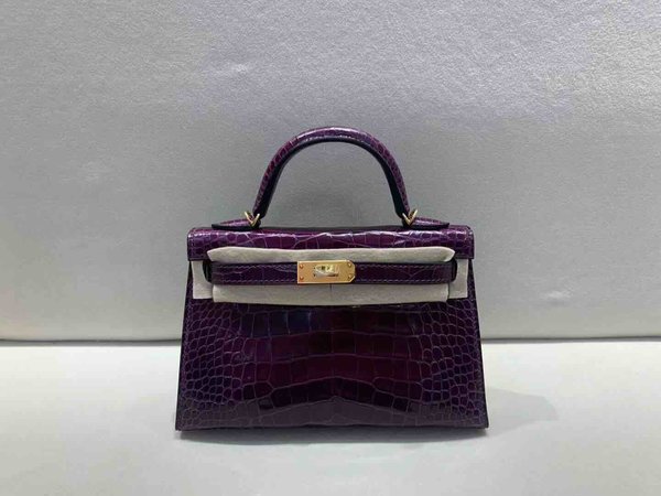 Hermès Mini Kelly II Shiny Alligator N5 Gallon Purple x Gold Hardware