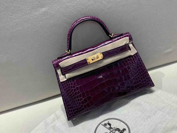 Hermès Mini Kelly II Shiny Alligator N5 Gallon Purple x Gold Hardware