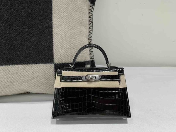 Hermès Mini Kelly II Shiny Niloticus Crocodile Noir x Palladium Hardware