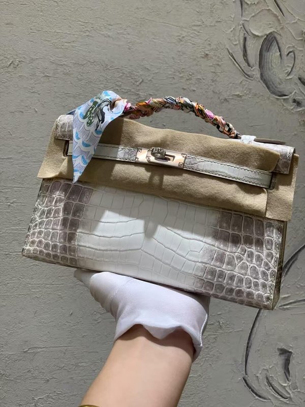 Hermès Kelly Pochette Himalaya Niloticus Crocodile with Palladium Hardware