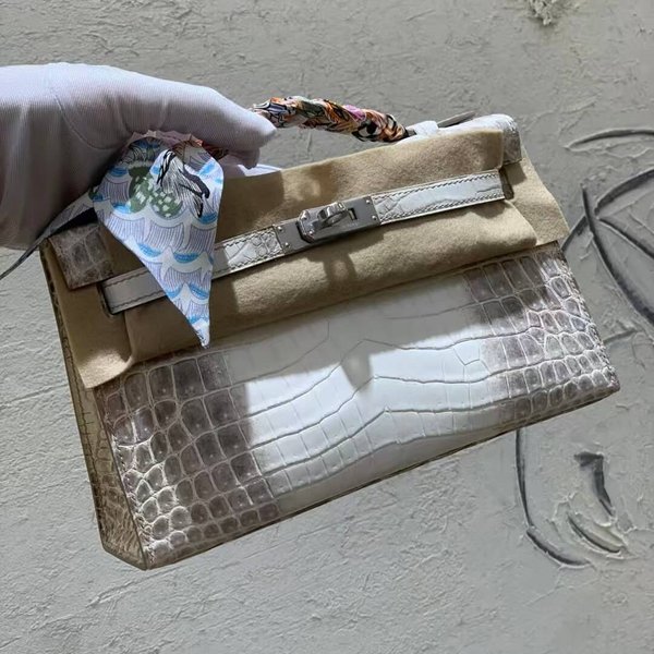Hermès Kelly Pochette Himalaya Niloticus Crocodile with Palladium Hardware