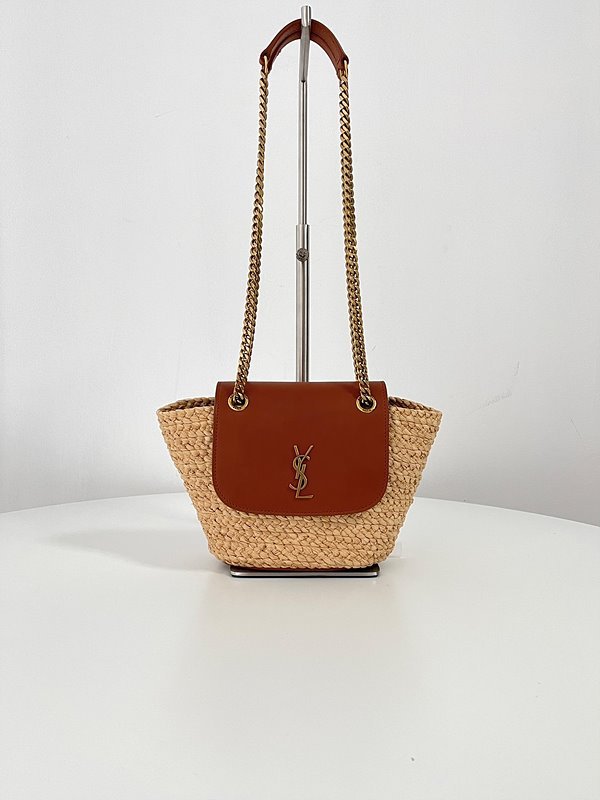 생로랑 라피아 및 빈티지 베지터블 태닝 가죽 소재의 MANON 미니 백 [매장가 235 만원대]