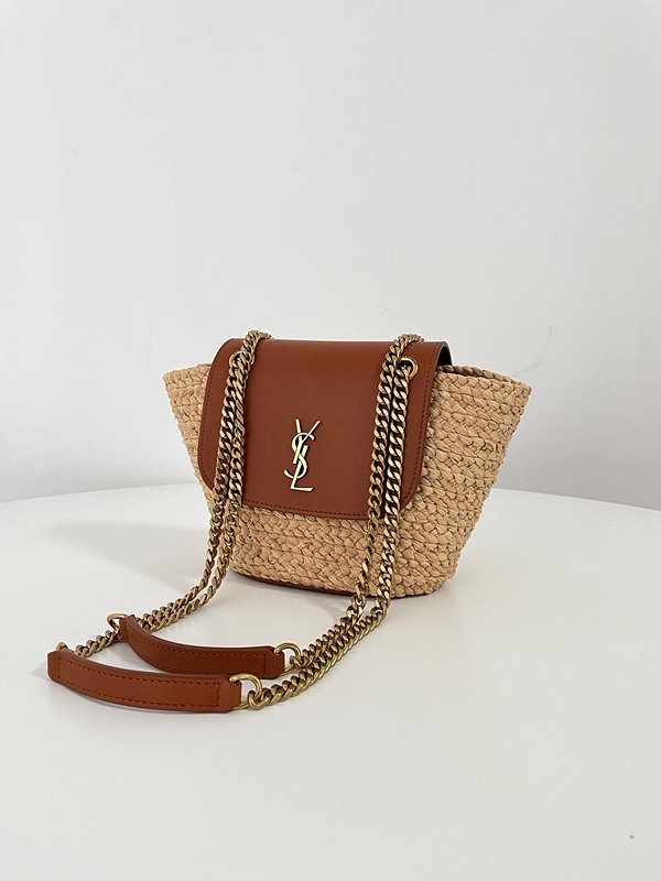 생로랑 라피아 및 빈티지 베지터블 태닝 가죽 소재의 MANON 미니 백 [매장가 235 만원대]