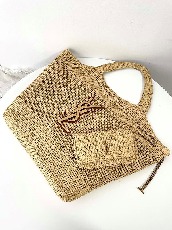 생로랑 라피아 크로셰 및 빈티지 베지터블 태닝 가죽 소재의 ICARE 맥시 쇼퍼백 [매장가 729만원대]