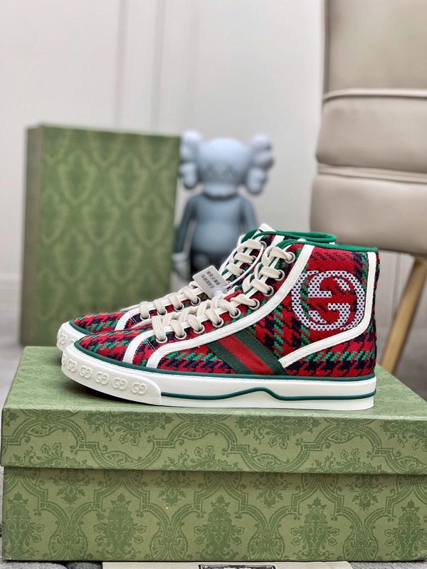 구찌 2021 레드&그린 스트라이프 인터로킹로고 하이탑 스니커즈