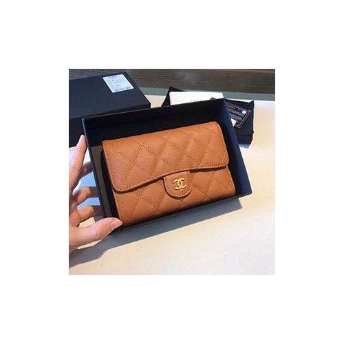 샤넬 중지갑 캐비어 브라운 금장