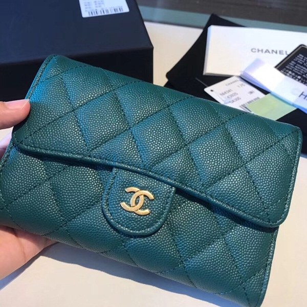 샤넬 중지갑 캐비어 그린 금장