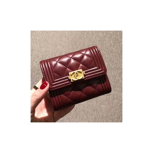 샤넬 보이 반지갑 램스킨 와인 금장