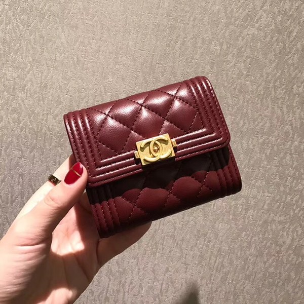 샤넬 보이 반지갑 램스킨 와인 금장