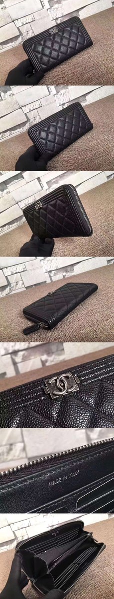 [CHANEL]샤넬 보이 캐비어 빈티지은장 지퍼돌이 장지갑