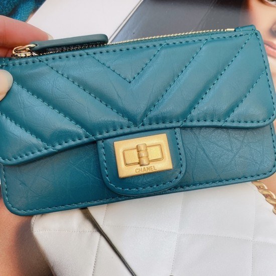 샤넬 2020 여성용 레더 중지갑  / 카드지갑 ,CHAW0081,13cm.블루(금장)