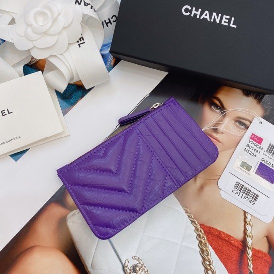 샤넬 2020 여성용 레더 중지갑  / 카드지갑 ,CHAW0080,13cm.퍼플(금장)