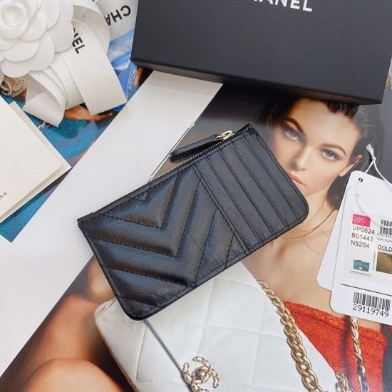 샤넬 2020 여성용 레더 중지갑  / 카드지갑 ,CHAW0079,13cm.블랙(금장)