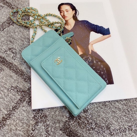 샤넬 2020 여성용 레더 장지갑  / 동전지갑 / 카드지갑 / 휴대폰 케이스,CHAW0076,18cm.스카이블루(금장)