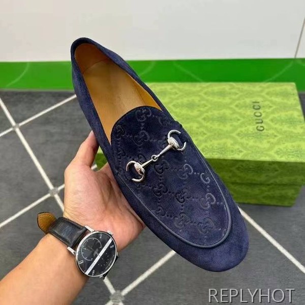 구찌 2024 탑 자카드로고 네이비 스웨이드 홀스빗 로퍼 구두 신발