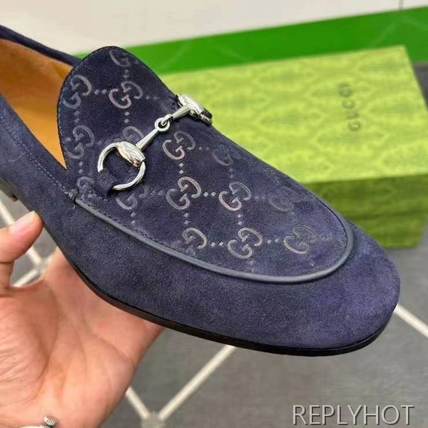 구찌 2024 탑 자카드로고 네이비 스웨이드 홀스빗 로퍼 구두 신발