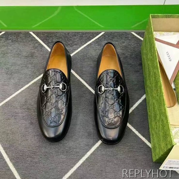 구찌 2024 탑 자카드로고 블랙 레더 홀스빗 로퍼 구두 신발