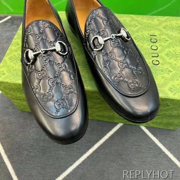 구찌 2024 탑 자카드로고 블랙 레더 홀스빗 로퍼 구두 신발