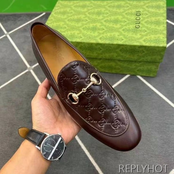 구찌 2024 탑 자카드로고 브라운 레더 홀스빗 로퍼 구두 신발