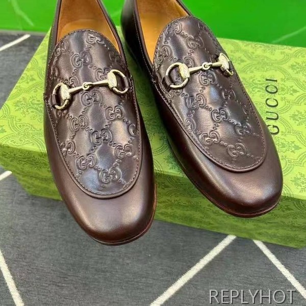 구찌 2024 탑 자카드로고 브라운 레더 홀스빗 로퍼 구두 신발
