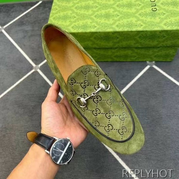 구찌 2024 탑 자카드로고 그린 스웨이드 홀스빗 로퍼 구두 신발