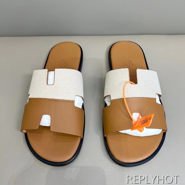 에르메스 2022 투톤 캔버스 브라운 이즈미르 샌들