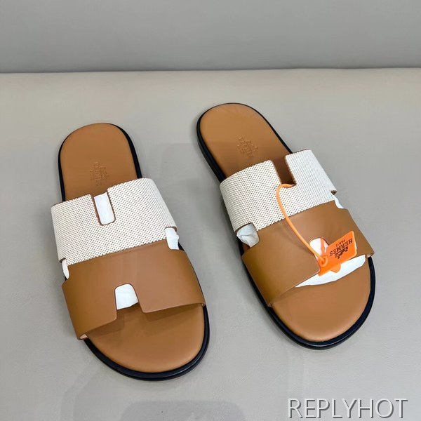 에르메스 2022 투톤 캔버스 브라운 이즈미르 샌들