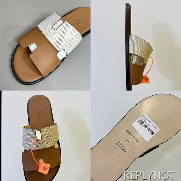 에르메스 2022 투톤 캔버스 브라운 이즈미르 샌들