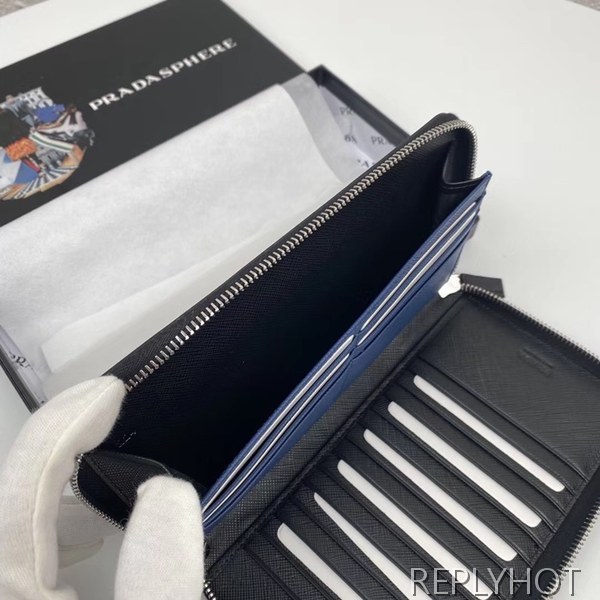 프라다 2020 사피아노 남성용 지퍼 라운드 장지갑,PRAW0172,20CM.블랙블루,네이비그린