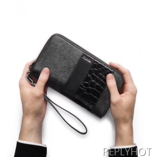 Prada 2020 Saffiano Mens Zip Round Wallet, 2ML028