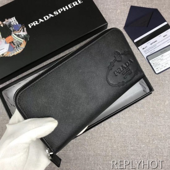Prada 2020 Saffiano Mens Zip Round Wallet, 2ML317