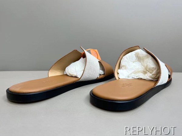 에르메스 2022 투톤 캔버스 브라운 이즈미르 샌들