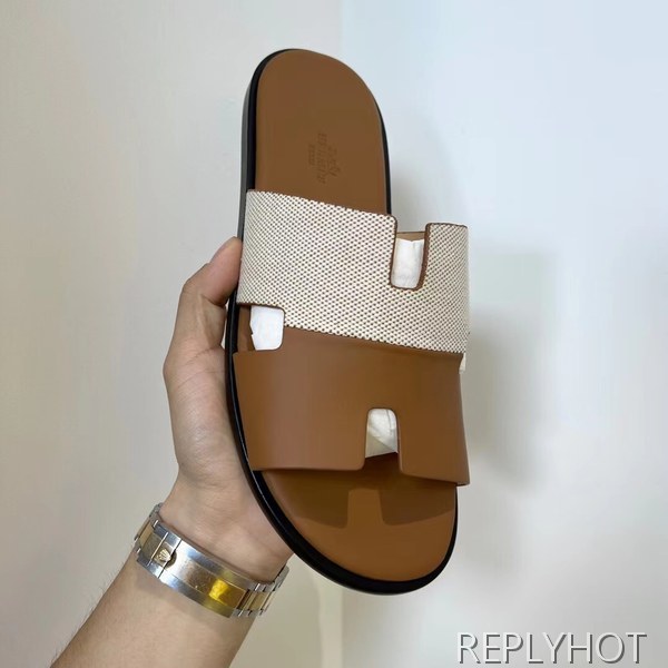 에르메스 2022 투톤 캔버스 브라운 이즈미르 샌들