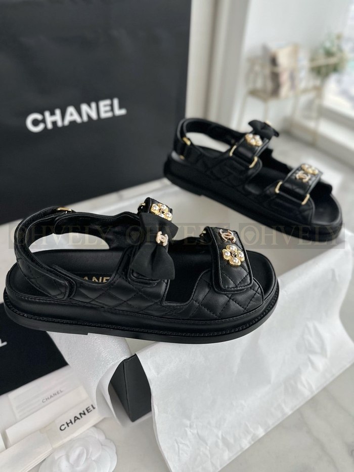 샤넬 진주 리본 벨크로 샌들