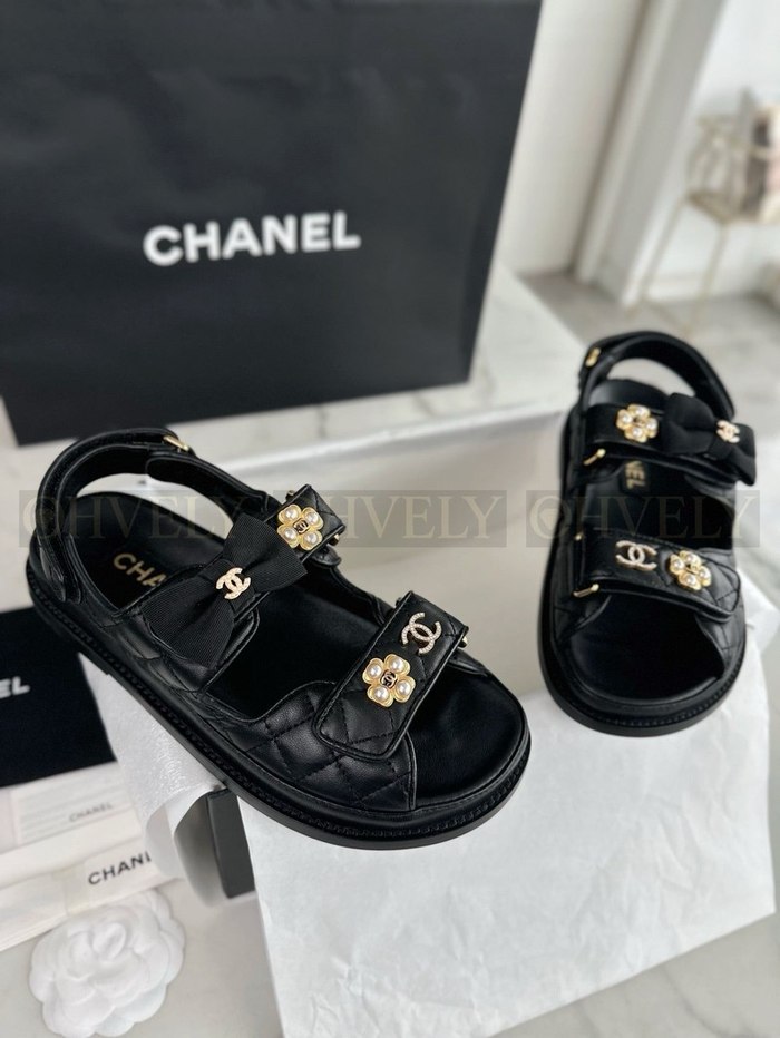 샤넬 진주 리본 벨크로 샌들