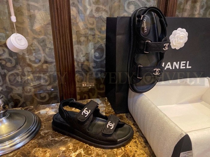 샤넬 큐빅 CC로고 벨크로 샌들 패브릭