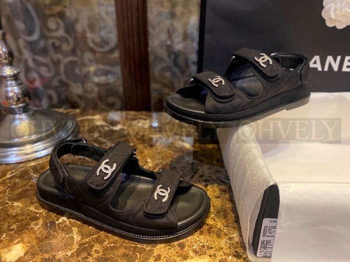 샤넬 큐빅 CC로고 벨크로 샌들 패브릭