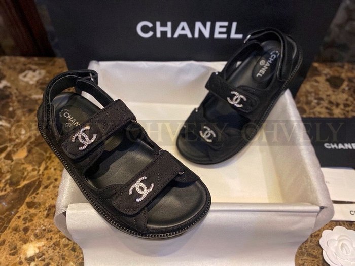 샤넬 큐빅 CC로고 벨크로 샌들 패브릭