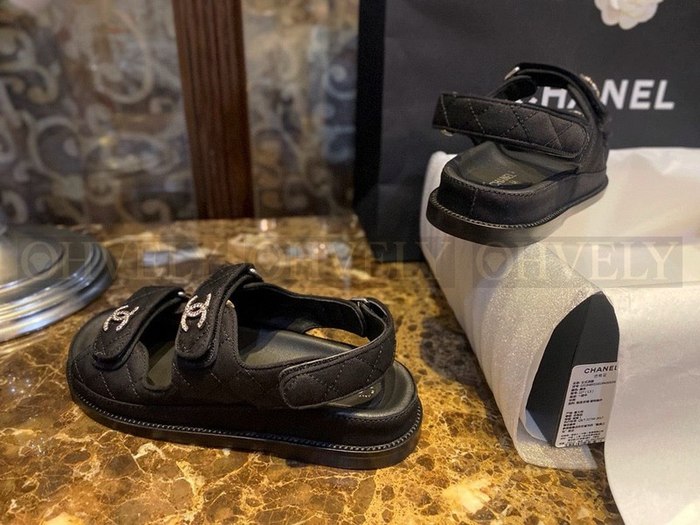 샤넬 큐빅 CC로고 벨크로 샌들 패브릭