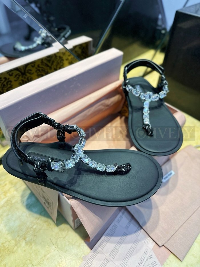 미우미우 코튼 코드 통 샌들 크리스탈