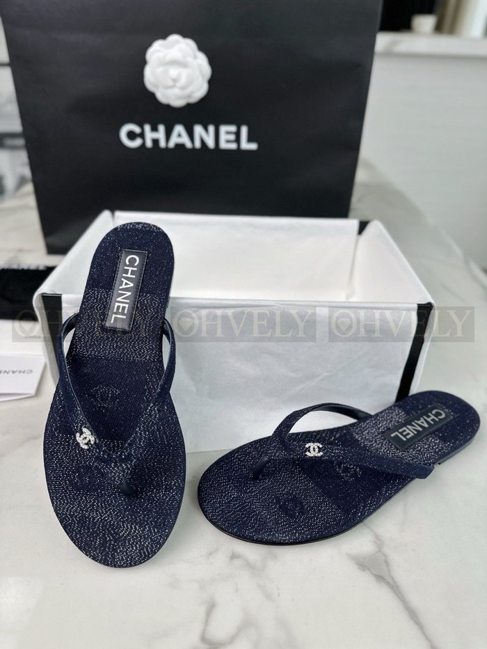 샤넬 CC 로고 데님 플립플랍
