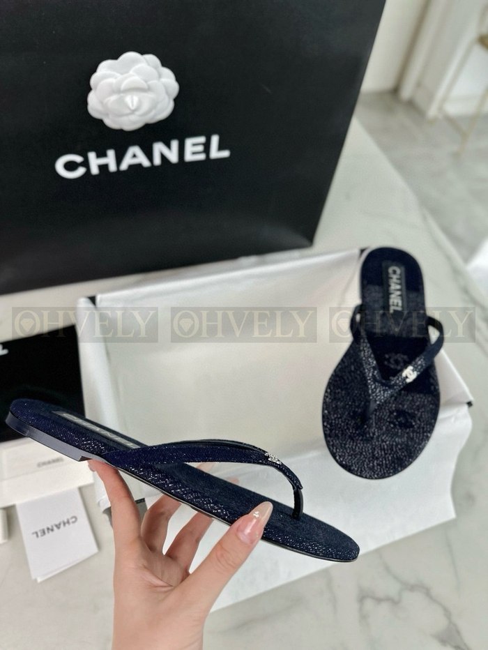 샤넬 CC 로고 데님 플립플랍