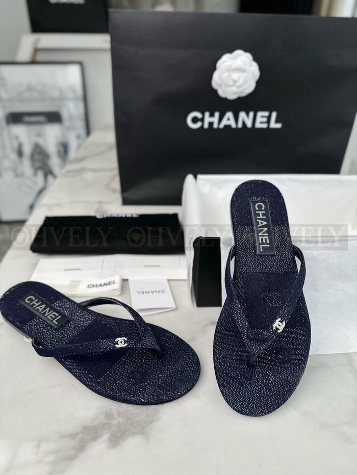 샤넬 CC 로고 데님 플립플랍