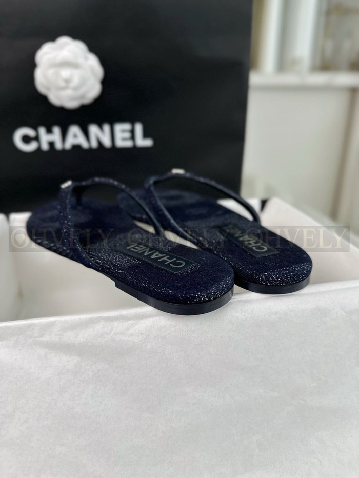 샤넬 CC 로고 데님 플립플랍