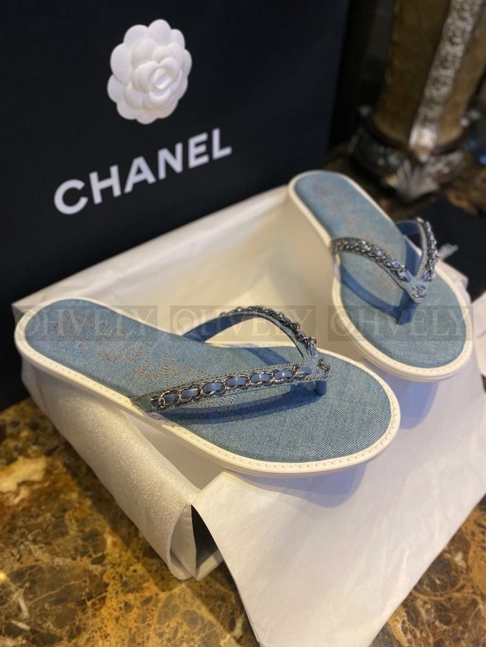 샤넬 CC 로고 체인 데님 플립플랍