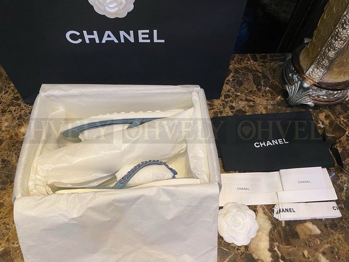 샤넬 CC 로고 체인 데님 플립플랍