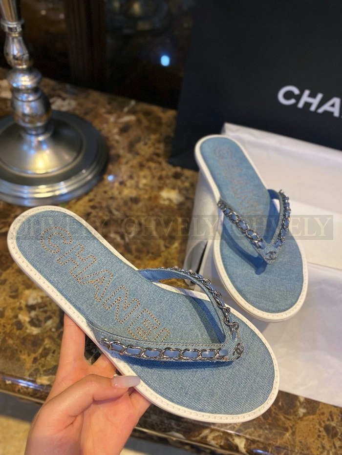 샤넬 CC 로고 체인 데님 플립플랍
