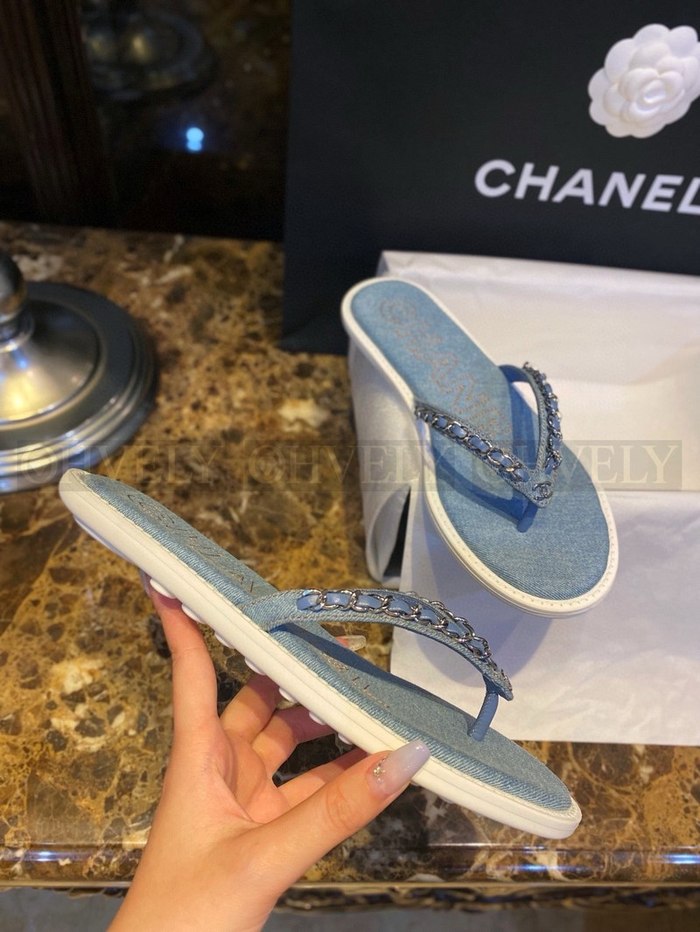 샤넬 CC 로고 체인 데님 플립플랍