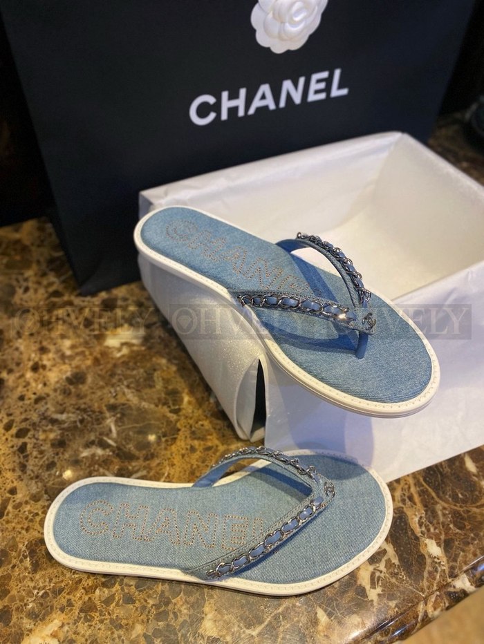 샤넬 CC 로고 체인 데님 플립플랍
